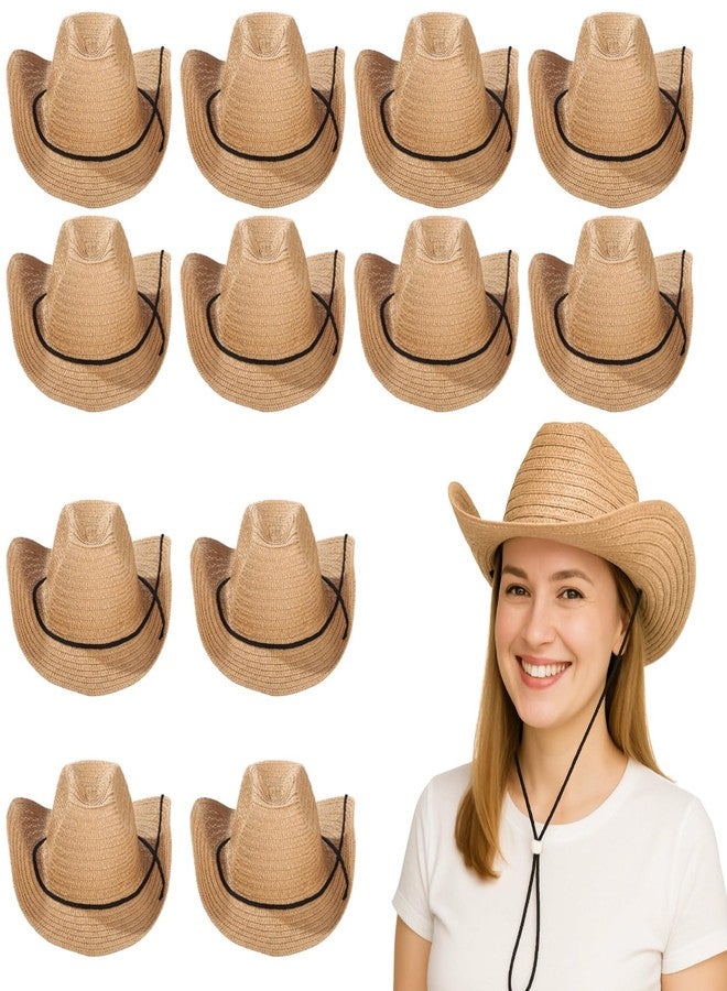 Homaisson 12 Pcs Straw Cowboy Hats for Women Men, Wide Brim Summer Protection, Breathable Beach Hats with Adjustable Chin Strap, Khaki Color, Ideal for Outdoor Activities and Parties - Image 1