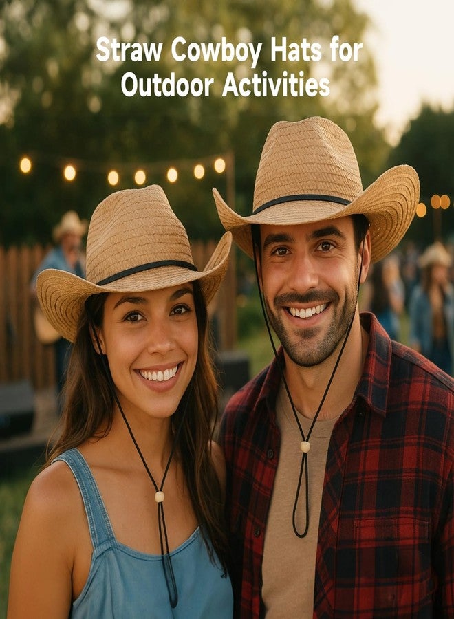 Homaisson 12 Pcs Straw Cowboy Hats for Women Men, Wide Brim Summer Protection, Breathable Beach Hats with Adjustable Chin Strap, Khaki Color, Ideal for Outdoor Activities and Parties - Image 2