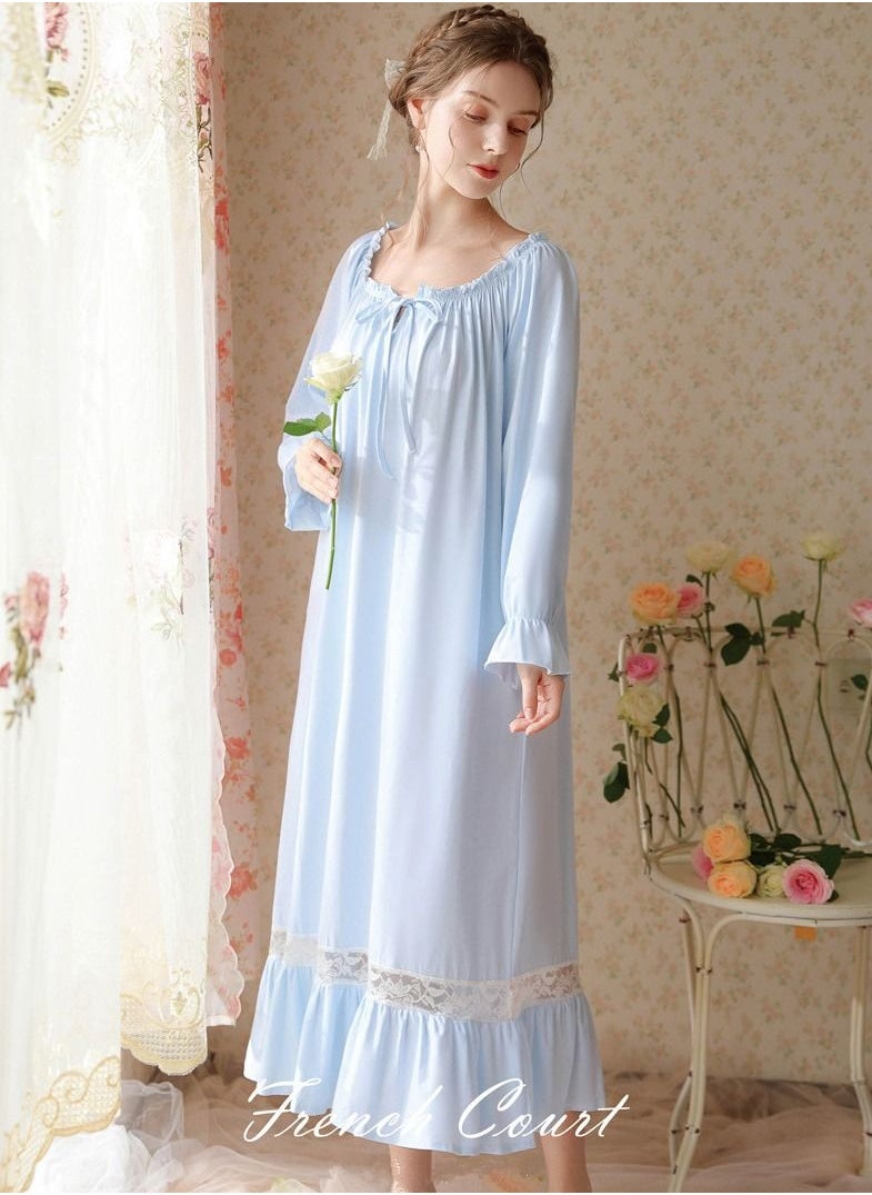 NIBEMINENT Casual Nightgowns for Women Soft Cotton Vintage Long Sleeve Elegant Nightgown Dress  - Image 1
