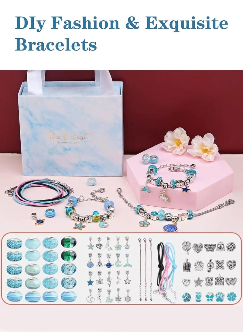Meishida 66 Pcs Charm Bracelet Making Kit for Girls - DIY Jewelry Craft Set with Beads, Pendants, Adjustable Chains & Gift Box, Perfect Arts & Crafts Gift for Kids - Blue - Image 2