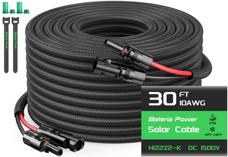 Bateria Power 10AWG 30FT Solar Panel Extension Cable, Flame Retardant Protective Sleeving,Bateria Power Twin Wire 10 Gauge Solar Cable with IP68 Female & Male Waterproof Connectors, Dust Caps for Home, RV - Image 1