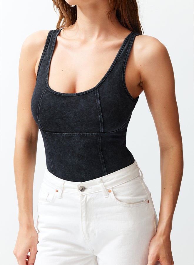 trendyol Black Antique/Pale Effect Cotton Stretchy Pool Collar Flexible Snap Fastener Knitted Body  - Image 2