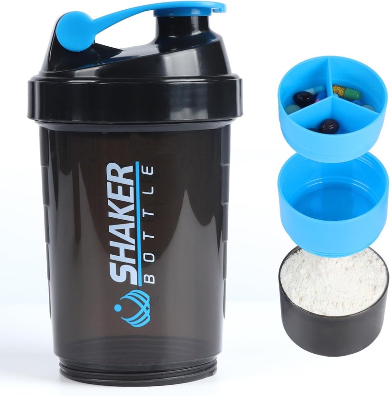 VIGIND Protein Shaker Bottle,Sports Water Bottle,Leak Proof Shake Bottle For Protein Mixer,Non Slip 3 Layer Twist Off 3oz Cups with Pill Tray,Workout Shaker Bottle 16oz,Blue - Image 1