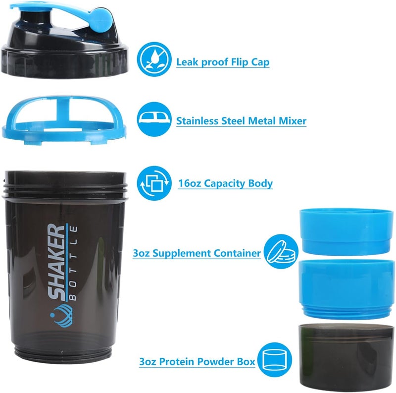 VIGIND Protein Shaker Bottle,Sports Water Bottle,Leak Proof Shake Bottle For Protein Mixer,Non Slip 3 Layer Twist Off 3oz Cups with Pill Tray,Workout Shaker Bottle 16oz,Blue - Image 3
