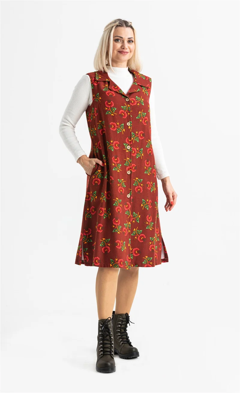 اليش شيل بيزي Sleeveless Flannel Esra Midi Oversized Vest/Dress Claret Red Brd