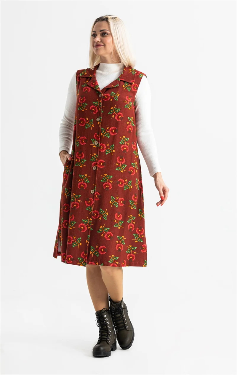 اليش شيل بيزي Sleeveless Flannel Esra Midi Oversized Vest/Dress Claret Red Brd