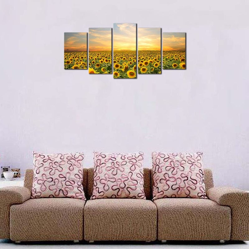 Wieco Art Sunflowers Canvas Prints Wall Art Landscape Pictures Paintings Ready to Hang for Living Room Bedroom Home Office Decorations Modern 5 Panels Stretched and Framed Yellow Flower - Image 2