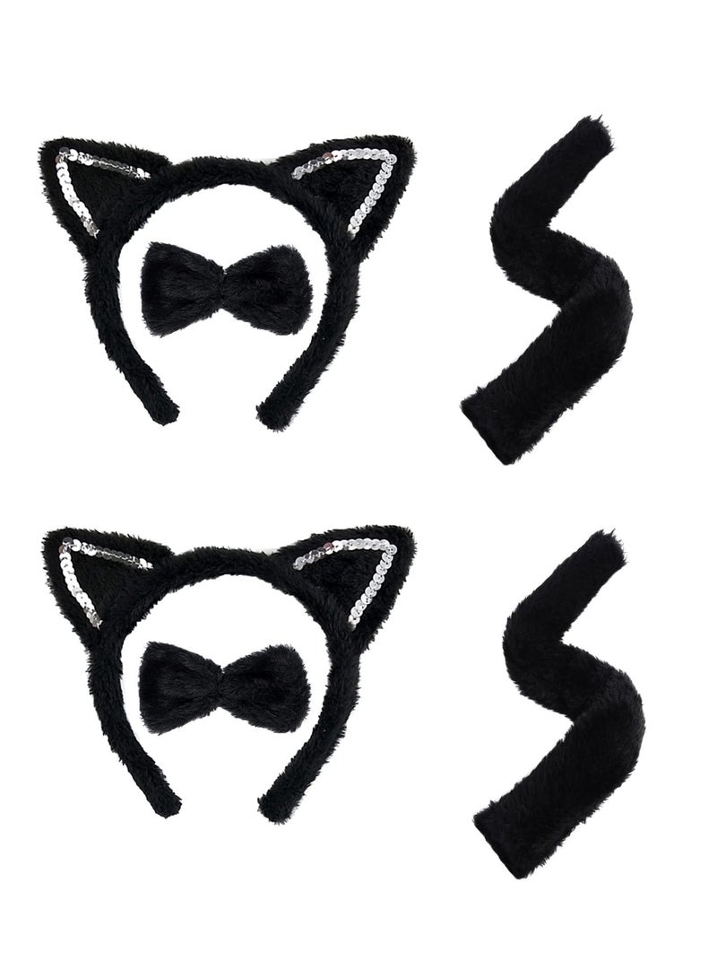 2PCS Cat Costume Set，Long Fur Cat Tail Cosplay Set Halloween Fancy Dress Costume Set, Cat Ears Headband Cat Tail, Cat Bow, Harlequin Mask for Valentine's Day Dress up Halloween (Black) - Image 1