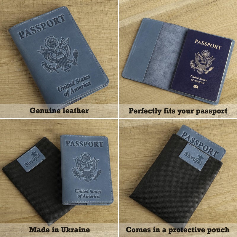 Shvigel US Leather Passport Book Cover - Thin American Travel Passport Holder - Premium International USA Passport Protector Case for Women Men (Light Blue Vintage) - Image 3