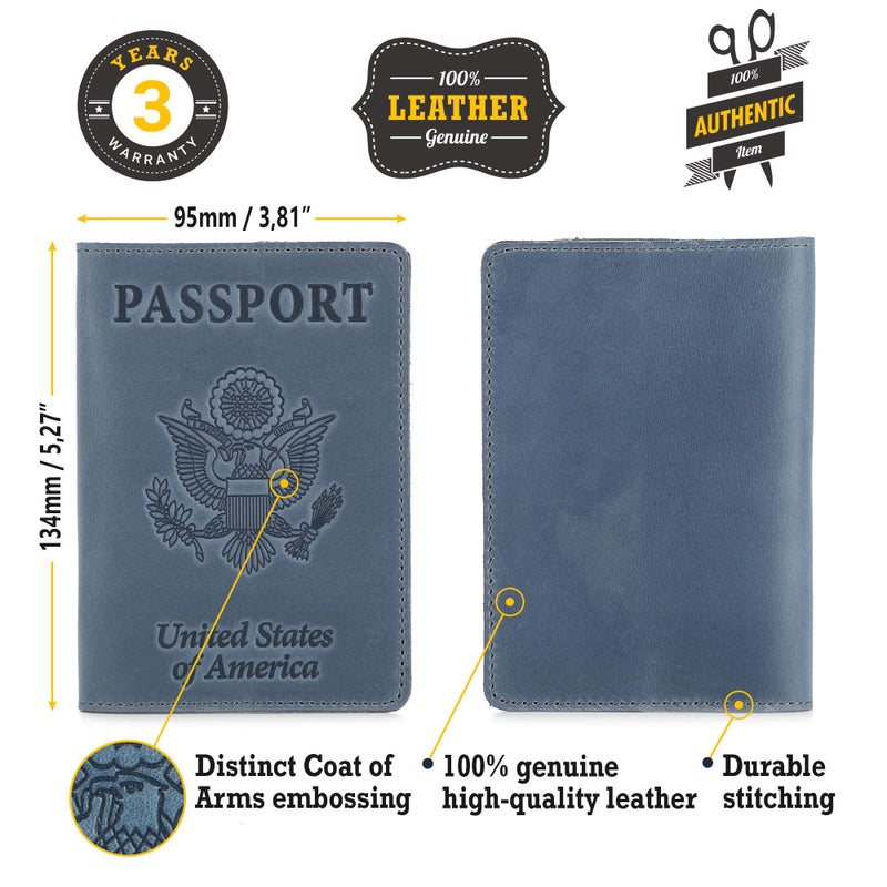 Shvigel US Leather Passport Book Cover - Thin American Travel Passport Holder - Premium International USA Passport Protector Case for Women Men (Light Blue Vintage) - Image 2