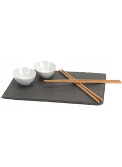 Koopman Amuse Sushi Slate Plate 30 X 23 Cm - Includes Chopsticks And Dip Bowls - Natural Slate - Slate Tableware - Rectangular Serving Plate  - Image 1