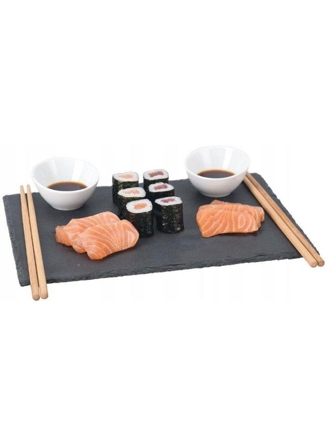 Koopman - Amuse Sushi Slate Plate 30 X 23 Cm - Includes Chopsticks And Dip Bowls - Natural Slate - Slate Tableware - Rectangular Serving Plate - Image 1