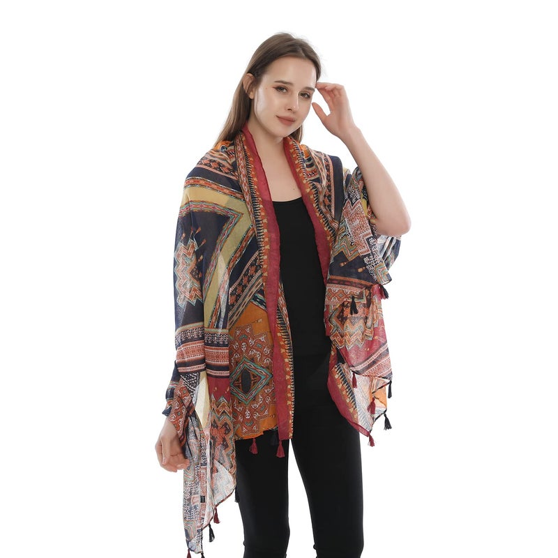 Yeieeo Boho Scarf for Women Lightweight Floral Printed Scarf Fall Winter Fashion Fringed Scarves Wraps Shawl (Floral 12) - Image 2