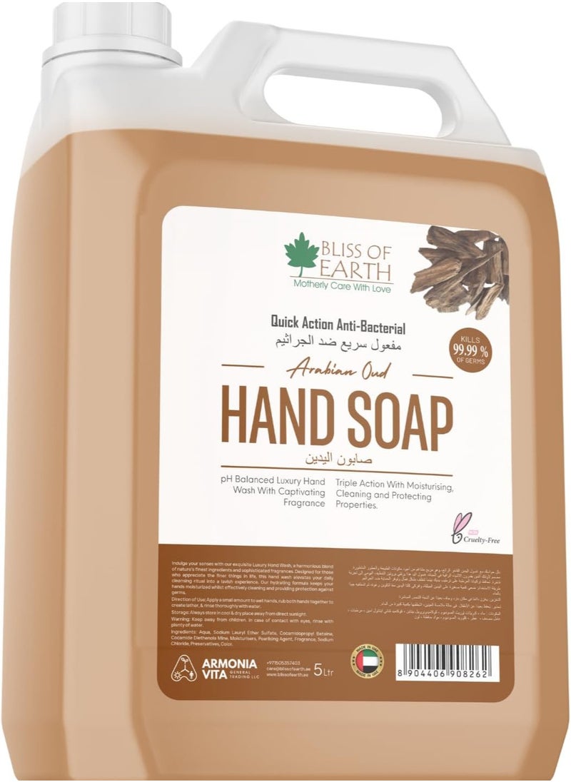 BLISS OF EARTH Hand Wash Liquid 5ltr Refill Refreshing Arabian Oud Hand Soap Refill with Antibacterial Protection Moisturizing Formula and Aromatic Fragrance Perfect for Hotel Office and Home 5 Litres  - Image 1
