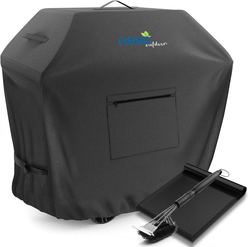Nestl BBQ Grill Cover, Heavy Duty Grill Covers - Waterproof Gas Grill Covers, UV & Fade Resistant Barbecue Grill Cover with Front Zipper Pocket, 6 Grill Mats & BBQ Brush - 64 Inch, Black - Image 1