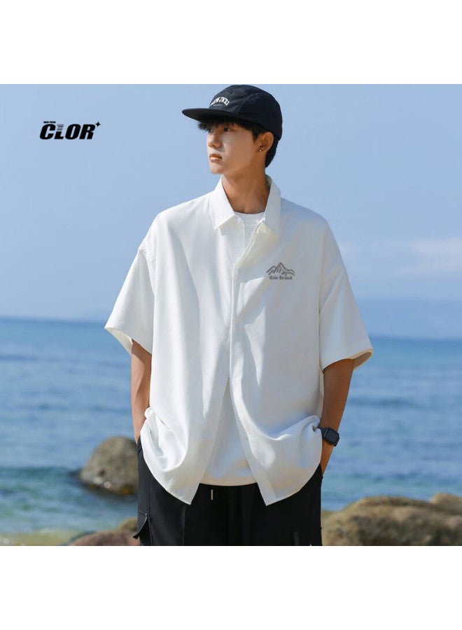 Clor Short-sleeve Shirt For Men, Summer Cardigan Jacket, Trendy Printed Loose-fit Lightweight Breathable Top, Cs02 White 2XL - Image 1