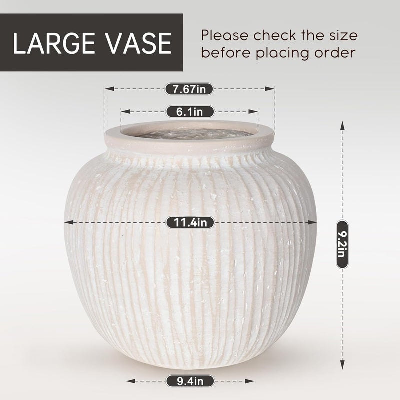 Oakrain Large Rustic Minimalist Vase, 11" Distressed Round Floor Vase for Home Decor, Farmhouse Decorative Centerpieces for Living Room Bedroom, Vintage White - Image 2