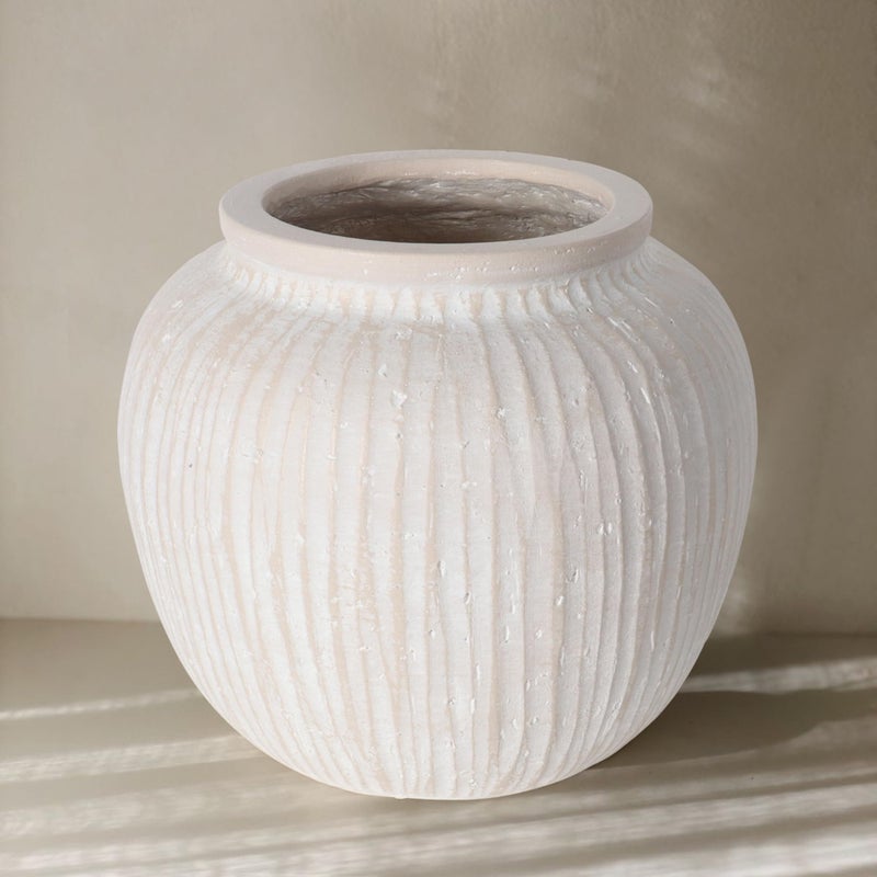 Oakrain Large Rustic Minimalist Vase, 11" Distressed Round Floor Vase for Home Decor, Farmhouse Decorative Centerpieces for Living Room Bedroom, Vintage White - Image 1