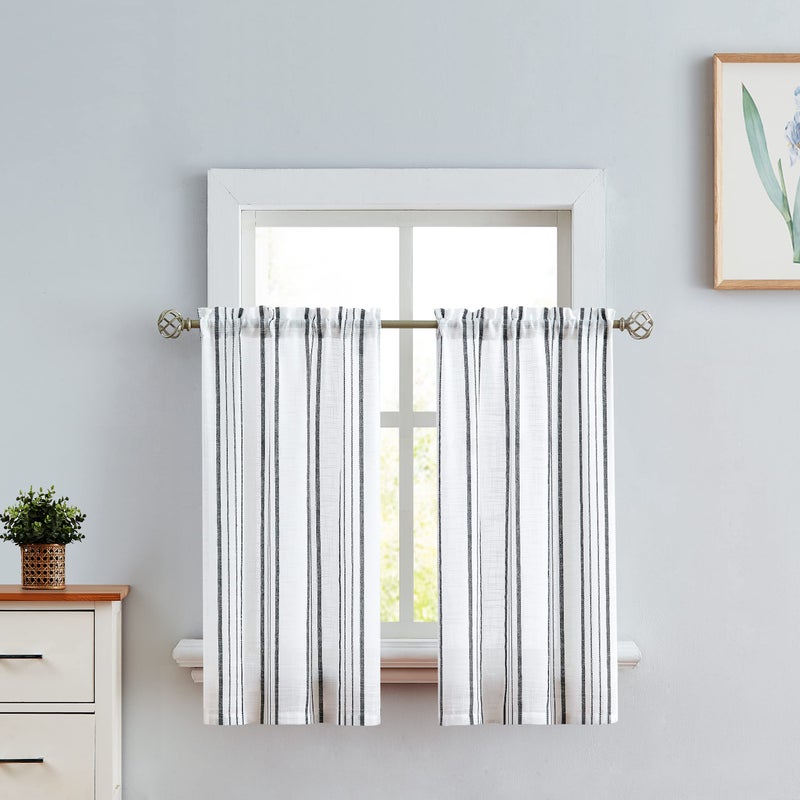 SXZJTEX SXZJTEX Stripe Cafe Kitchen Curtain Tiers Geometric Pattern Cafe Curtains 36 Inch Length White and Black Linen Textured Pinstripe Short Curtain for Kitchen Bathroom Rod Pocket 2 Panels