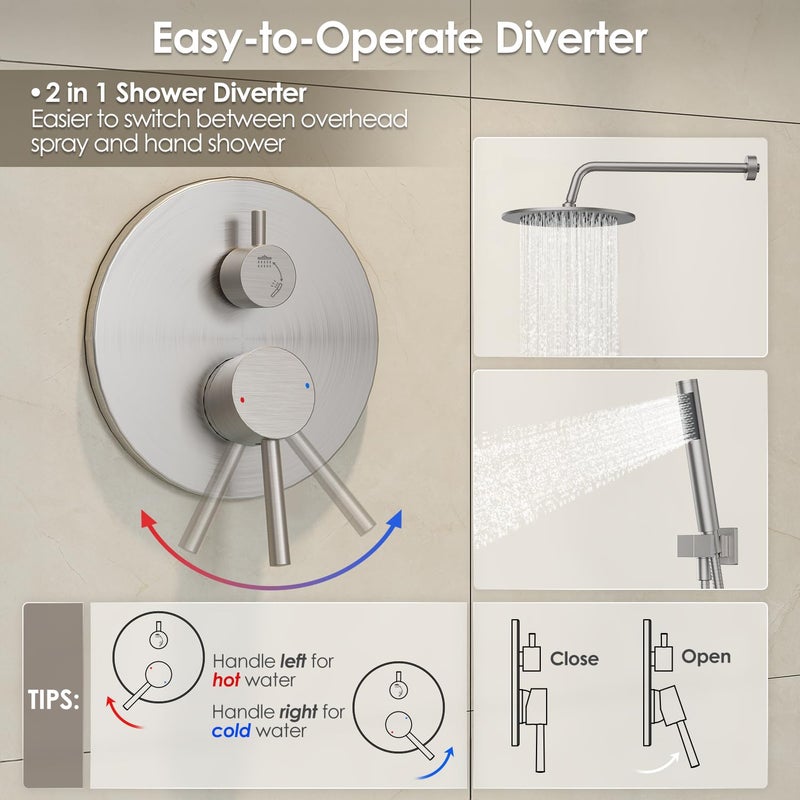 Gabrylly Shower System, Wall Mounted Shower Faucet Set with Shower Valve, High Pressure 10" Rain Shower head with Handheld Spray Combo, 2 Way Rainfall Shower Head Set, Brushed Nickel - Image 5