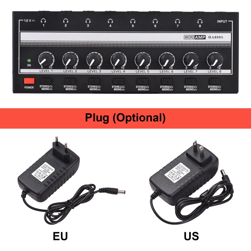 8-Channel Headphone Amplifier, Portable Metal Stereo Audio Amplifier with Power Adapter, Home Audio Amplifier System for Studio and Stage - Image 2