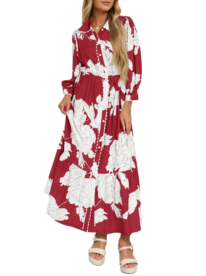 Wenrine Womens Maxi Shirt Dress Casual Floral Collared 3/4 Long Sleeve Drawstring Waist Fall Button Down Dresses Burgundy - Image 1