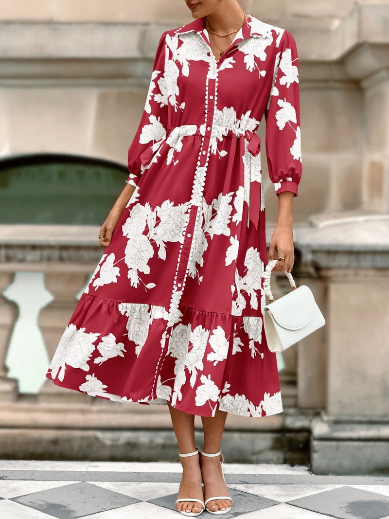 Wenrine Womens Maxi Shirt Dress Casual Floral Collared 3/4 Long Sleeve Drawstring Waist Fall Button Down Dresses Burgundy - Image 2