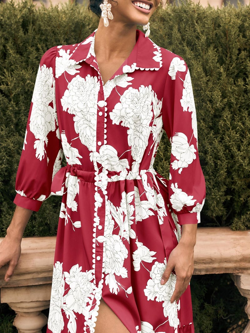 Wenrine Womens Maxi Shirt Dress Casual Floral Collared 3/4 Long Sleeve Drawstring Waist Fall Button Down Dresses Burgundy - Image 4