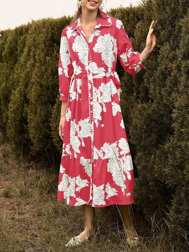 Wenrine Womens Maxi Shirt Dress Casual Floral Collared 3/4 Long Sleeve Drawstring Waist Fall Button Down Dresses Burgundy - Image 5