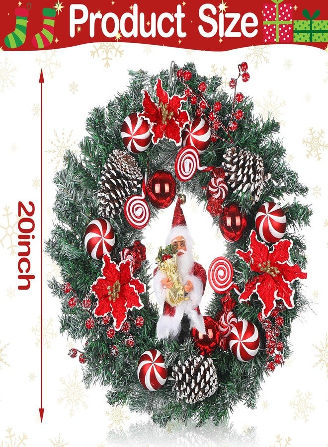 Knitgrip 20 Inch Christmas Wreaths for Front Door with Santa Claus Pinecone Red Berries Poinsettias Winter Xmas Wreath with Red and White Balls Peppermint Candies for Outdoor Indoor Window - Image 2