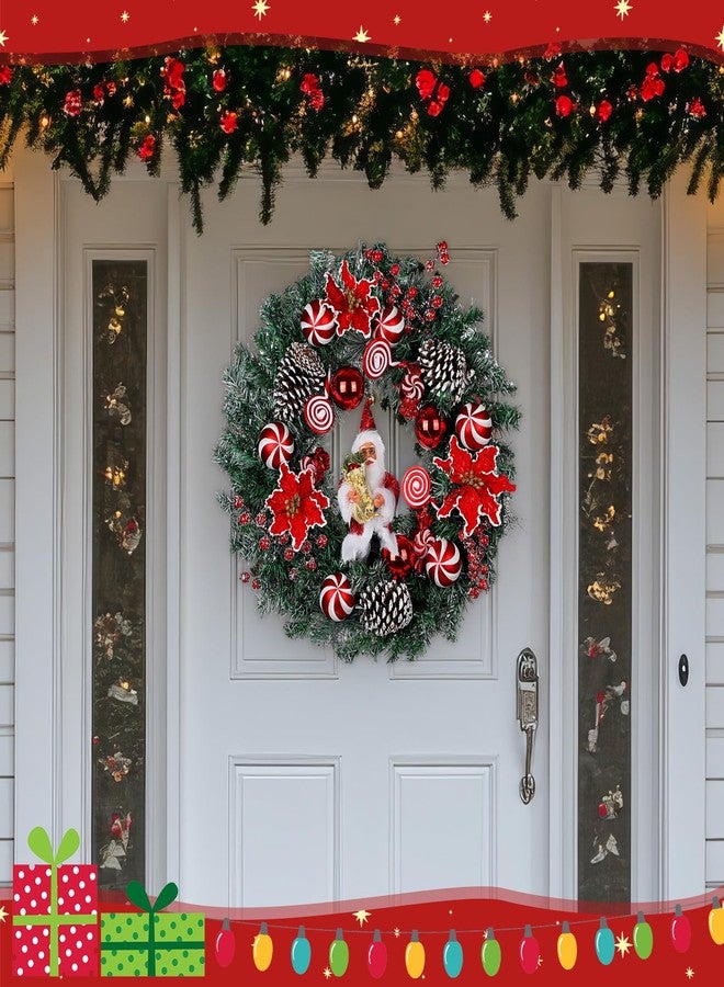 Knitgrip 20 Inch Christmas Wreaths for Front Door with Santa Claus Pinecone Red Berries Poinsettias Winter Xmas Wreath with Red and White Balls Peppermint Candies for Outdoor Indoor Window - Image 3