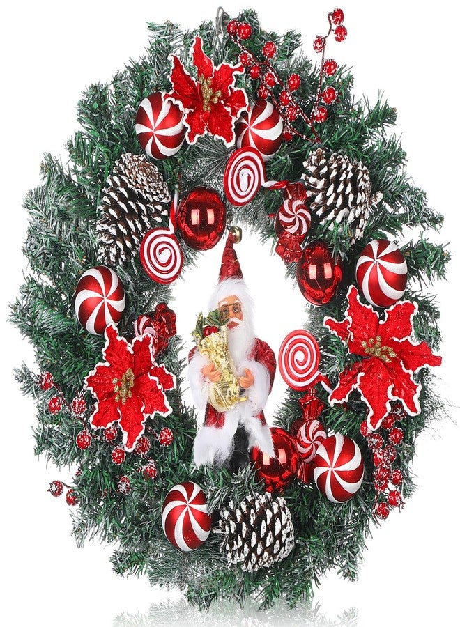 Knitgrip 20 Inch Christmas Wreaths for Front Door with Santa Claus Pinecone Red Berries Poinsettias Winter Xmas Wreath with Red and White Balls Peppermint Candies for Outdoor Indoor Window - Image 1