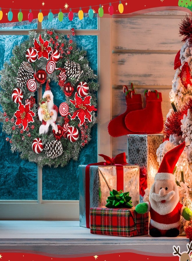Knitgrip 20 Inch Christmas Wreaths for Front Door with Santa Claus Pinecone Red Berries Poinsettias Winter Xmas Wreath with Red and White Balls Peppermint Candies for Outdoor Indoor Window - Image 5