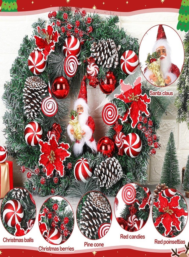 Knitgrip 20 Inch Christmas Wreaths for Front Door with Santa Claus Pinecone Red Berries Poinsettias Winter Xmas Wreath with Red and White Balls Peppermint Candies for Outdoor Indoor Window - Image 4