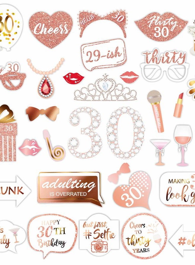 Konsait Rose Gold 30 Birthday Photo Booth Kit(32count),Konsait Funny Chic 30th Birthday Dirty Thirty Props with Sticks for Girls women 30 ROCK Thirtieth Happy Birthday Party Favors Supplies Bday Party Decorat - Image 1