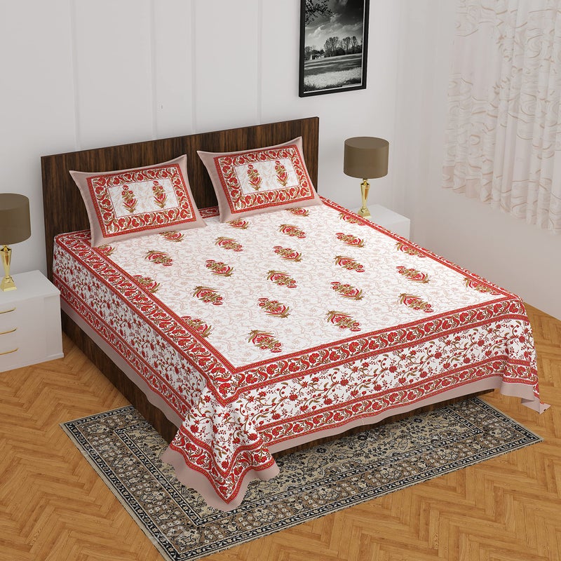 EarlyMart Cotton Rajasthani Jaipuri Traditional Floral King Size Double Bedsheet with 2 Pillow Covers (Brown) - Image 2