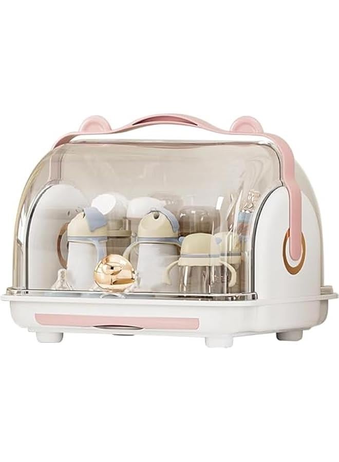 TRASSLE Baby Bottle Drying Rack Storage, Portable Large Capacity Toddler Baby Storage Box with Lid Cover and Cutlery Storage Kitchen Cabinet Organizer (Pink) - Image 1