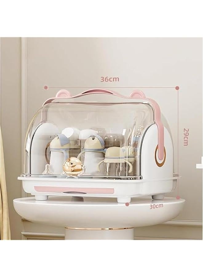 TRASSLE Baby Bottle Drying Rack Storage, Portable Large Capacity Toddler Baby Storage Box with Lid Cover and Cutlery Storage Kitchen Cabinet Organizer (Pink) - Image 3
