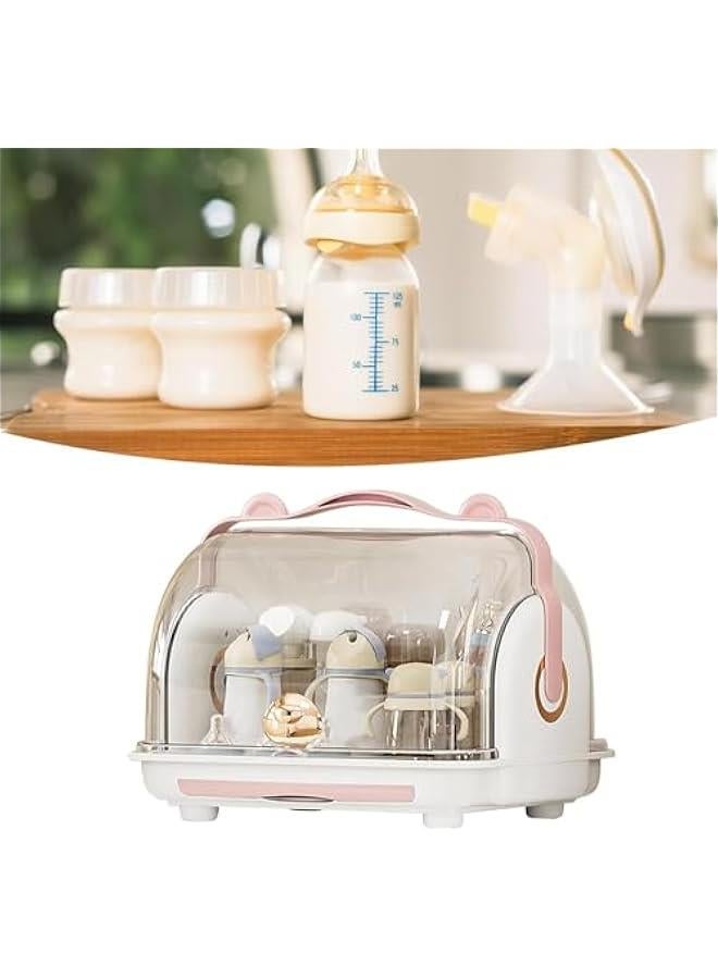 TRASSLE Baby Bottle Drying Rack Storage, Portable Large Capacity Toddler Baby Storage Box with Lid Cover and Cutlery Storage Kitchen Cabinet Organizer (Pink) - Image 4