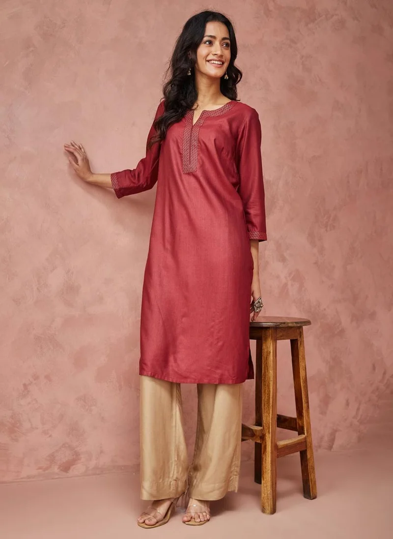 Fabindia Wine Viscose Silk Woven Knee Length Kurta