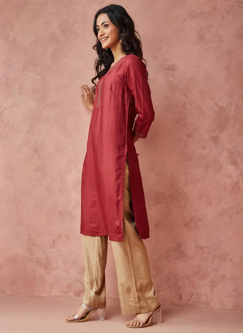 فاب انديا Wine Viscose Silk Woven Knee Length Kurta