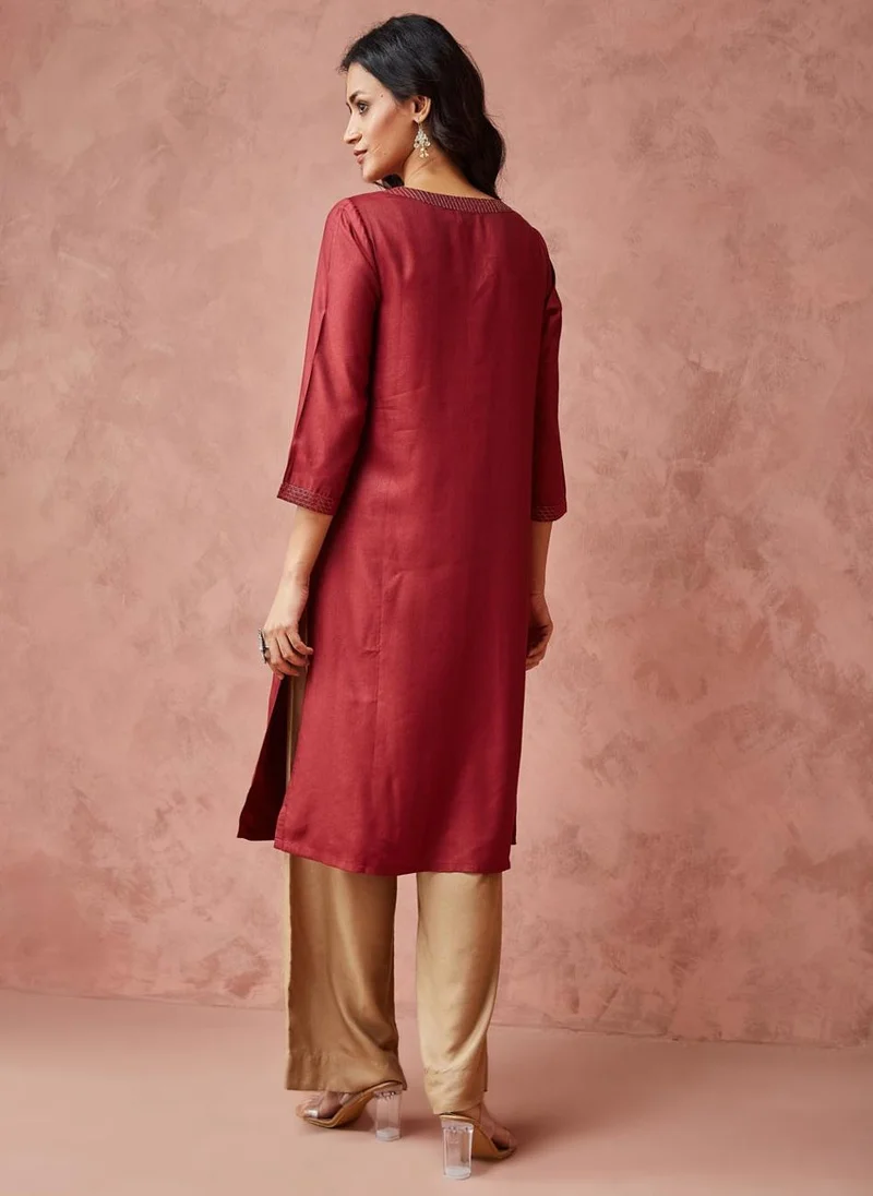 فاب انديا Wine Viscose Silk Woven Knee Length Kurta