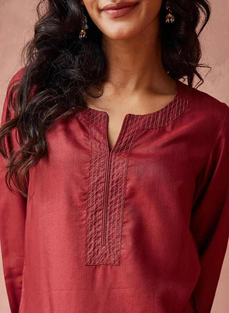 فاب انديا Wine Viscose Silk Woven Knee Length Kurta