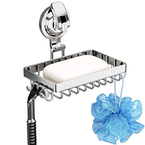 TESOT Soap Holder Shower, Suction Cup Soap Dish for Shower with 4 Hooks, 304 Stainless Steel, Silver - Image 1