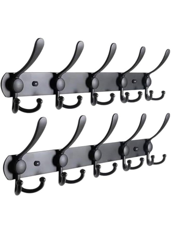 HOOKOR - 2 Pack Coat Rack Wall Mounted, Heavy Duty Stainless Steel with 5 Tri Hooks Metal Coat Hooks Rail for Hanging Coats, Hanger, Hat, Towel, Backpack, Robes, Mudroom, Bathroom (Black) - Image 1