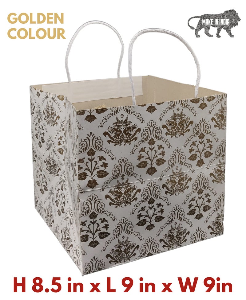 Arrow Paper Products Square Golden Bird Printd Paper Gift Bags for Baby Shower Return Gift, Small Presents, Weddings, Birthday, Holiday Presents (Pack of 60, 22.60 x 22.86x 22.86 Cm) - Image 2