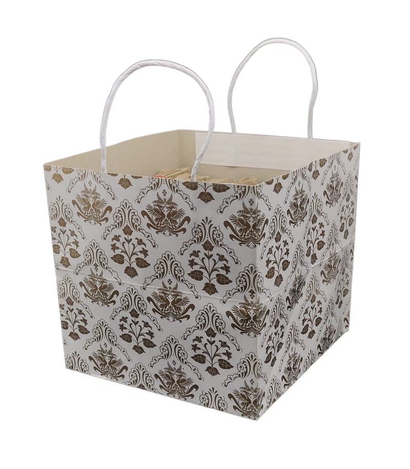Arrow Paper Products Square Golden Bird Printd Paper Gift Bags for Baby Shower Return Gift, Small Presents, Weddings, Birthday, Holiday Presents (Pack of 60, 22.60 x 22.86x 22.86 Cm) - Image 1