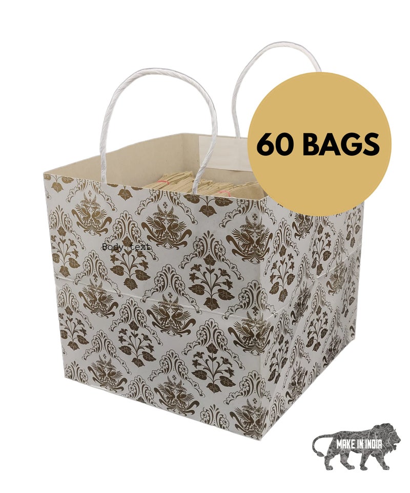 Arrow Paper Products Square Golden Bird Printd Paper Gift Bags for Baby Shower Return Gift, Small Presents, Weddings, Birthday, Holiday Presents (Pack of 60, 22.60 x 22.86x 22.86 Cm) - Image 3
