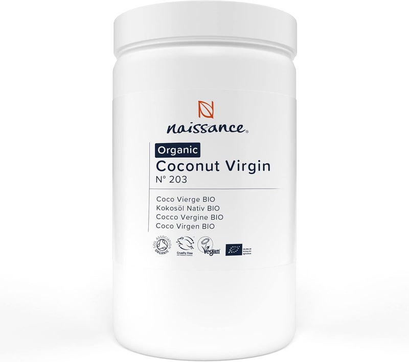 Naissance Organic Virgin Coconut Oil solid no 203 1kg Pure Natural Certified Organic Unrefined Moisturising Conditioning Ideal for DIY Beauty Recipes