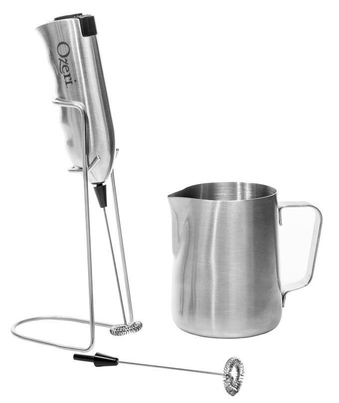 DELUXE MILK FROTHER AND 12 OZ FROTHING PITCHER IN STAINLESS STEEL WITH EXTRA WHISK ATTACHMENT